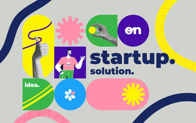 Fashionable halftones collage. Startup business concept, fast business startup, creative marketing and Innovation. Trendy modern retro illustration in bright trendy colors. Strategic planning. Vector