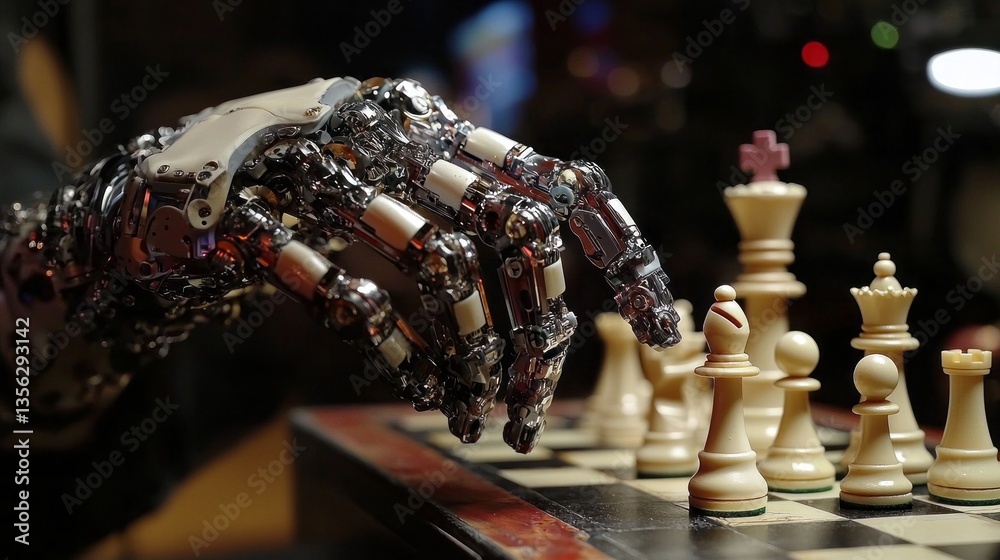 Aufkleber a cutting-edge robotic hand extends toward a chessboard, ready to execute a calculated move