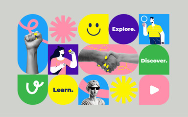 Contemporary art collage. Infographics design. Geometric collage illustration of bright shapes, spots, objects, line, hand, portrait, abstract, pattern, nature for poster, background, flyer, brochure 