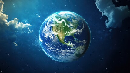 Planet Earth surrounded by stars and clouds, representing environmental beauty, sustainability, Earth Day, global awareness, natures wonders, and cosmic tranquility.