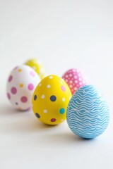 Obraz premium Colorful decorative Easter eggs arranged on a white background, perfect for spring celebrations, holiday decorations, family gatherings, and festive traditions.