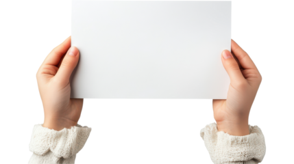 kid hands hold and show a blank white sheet
