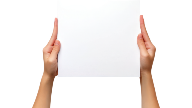 kid hands hold and show a blank white sheet