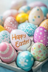 Naklejka premium Colorful decorated Easter eggs in a carton, vibrant pastel shades, festive springtime celebration, family traditions, Easter holiday, cheerful decor, seasonal festivities.