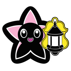 Cute black cartoon cat vector art with a funny smile, isolated, hunting a fish and a mouse