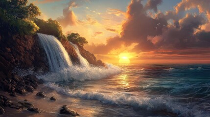 Obraz premium Coastal serenity, Waterfall cascading into ocean during a radiant sunset