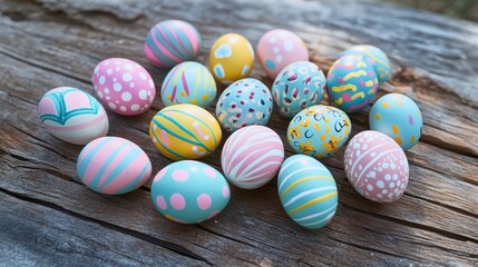 Obraz premium Colorful decorated Easter eggs arranged on rustic wooden background, celebrating spring, festive traditions, family gatherings, craft activities, holiday decorations.