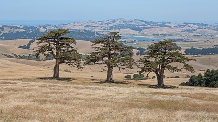Fototapeta premium Three Majestic Trees on a Golden Hillside