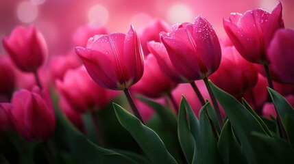 Fototapeta premium Pink tulips blooming in a vibrant garden, symbolizing spring, love, renewal, and beauty, perfect for Easter, Mothers Day, floral arrangements, and nature photography.