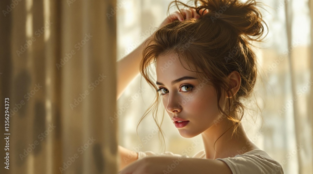 Poster a woman with curly hair styled in an updo, standing in front of a window with sunlight streaming in,