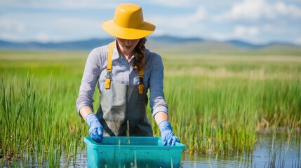 Environmental scientist collecting water samples in wetlands nature scenery gigapixel quality