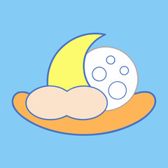 Blue sky vector art features a cute cartoon moon with a happy face, surrounded by cloud icons