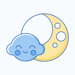 A blue speech bubble icon with a happy smiley face cartoon floats in a sky-blue cloud