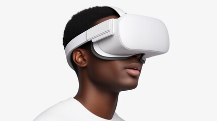 Young man wearing white virtual reality headset against plain background. Futuristic technology and immersive experience