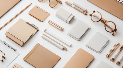 Modern Office Supplies Arrangement on White Background
