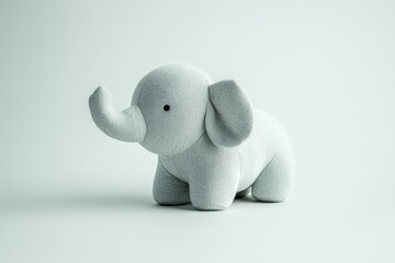 A cute gray plush elephant displayed in a studio setting