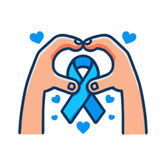 Hands Forming Heart Around Blue Ribbon Representing Support and Awareness