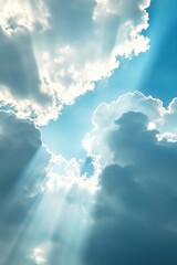 Clouds illuminated by sunlight, blue sky backdrop, divine nature, tranquility, serenity, uplifting mood, inspiration, summer days, spirituality, bright future.