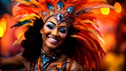 Vibrant carnival dancer in colorful feathered headdress, smiling at the camera. Close-up angle captures dynamic energy, ideal for a festive video.