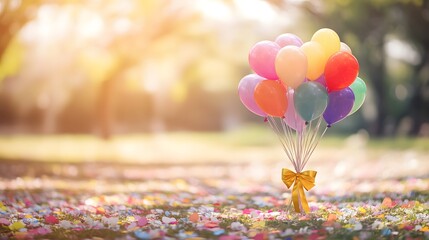 Rainbow balloon bouquet with golden ribbon, surrounded by pastel confetti, symbolizing joy and celebration of childhood