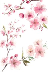 Beautiful watercolor illustration of delicate pink blossoming cherry branches