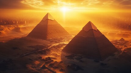 Echoes of History: Majestic pyramids bask in the warm glow of a setting sun, invoking a sense of awe and wonder at a time where these historical giants stands still.