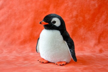 Naklejka premium A Plush Penguin Stuffed Animal Posing Against A Red Backdrop