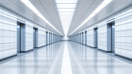 Futuristic white hallway with multiple elevator doors. Modern architecture, technology, innovation