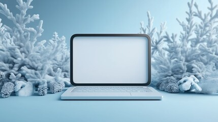 Laptop with blank screen on icy winter background. Technology, creativity, digital marketing