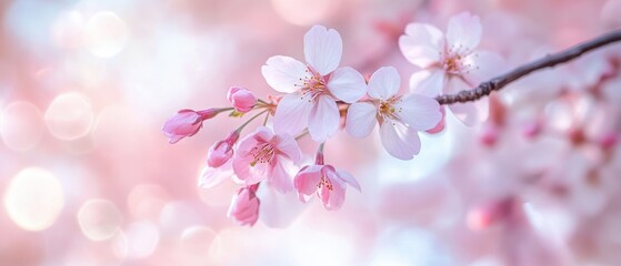 Naklejka premium Cherry blossom branches in soft focus, vibrant spring colors, nature beauty, romantic scenery, Easter inspiration, floral background, tranquil atmosphere.