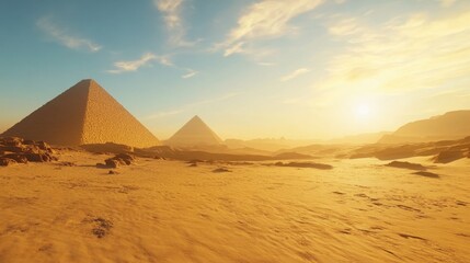 Golden Pyramids Under the Sun: Gaze upon the grandeur of ancient pyramids set against a vibrant desert landscape, illuminated by the warm glow of the sun.