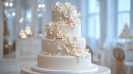 Fototapeta premium Three-tiered white wedding cake with floral decorations in elegant reception hall. Celebration dessert