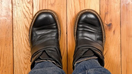 Overhead Shot of Black Leather Boots on Wooden Floor