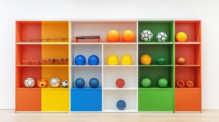 Vibrant Sports Gear Shelving Unit on White Background