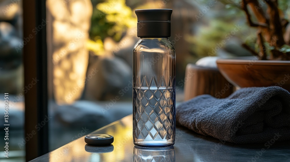 Poster a clear glass water bottle with an intricate design sits on a table next to a soft towel. sunlight f