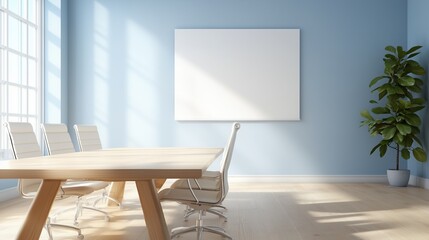 White blank board on blue wall in modern meeting room. Corporate presentations