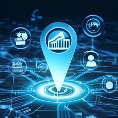 Digital location pin icon with artificial intelligence binary code in navigation app, Customized travel suggestion development.