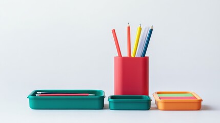 Colorful Desk Stationery Setup on White Background