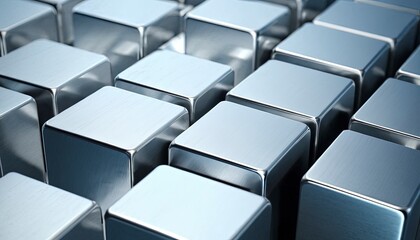 Fototapeta premium Geometric Array: A captivating composition of precisely arranged metallic cubes creates a visually engaging pattern, demonstrating symmetry and reflection in this polished and modern design. 
