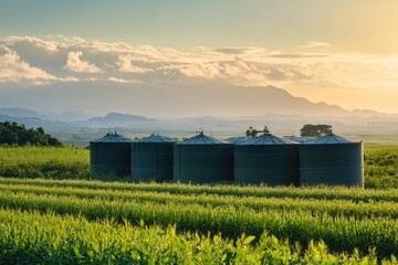 A scene of grain bins in an open field with distant mountains visible in the background