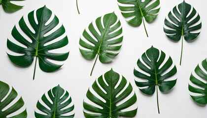 Fototapeta premium Tropical Elegance: An array of lush, vibrant Monstera leaves is arranged. Emphasizing the natural beauty of this iconic plant and the freshness of nature.