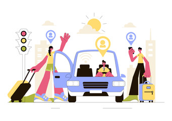 Ride Sharing Vector Illustration Featuring Shared Transportation Services Using Vehicles to Transport Passengers from One Place to Another
