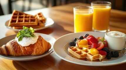 Breakfast spread featuring waffles, croissant, fresh fruit, and orange juice, perfect for brunch, special occasions, family gatherings, and food photography.