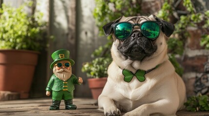 Fototapeta premium Pug dog wearing sunglasses with leprechaun figurine