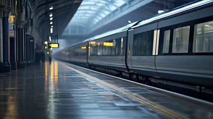 Fototapeta premium Train at platform under industrial roof. public transport and travel infrastructure