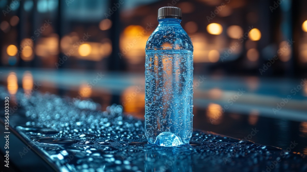 Poster a clear bottle filled with water sits on a surface covered in droplets, illuminated by warm, ambient