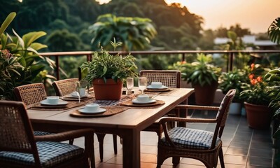 A cozy terrace with potted plants, wooden furniture, and a serene mountain view bathed in warm sunset light.