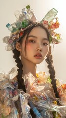 A striking model showcases a dress made of recycled plastic, emphasizing creativity and environmental consciousness.