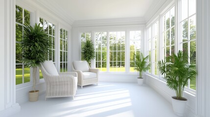 Fototapeta premium Bright sunroom with wicker chairs and green plants. relaxing garden retreat
