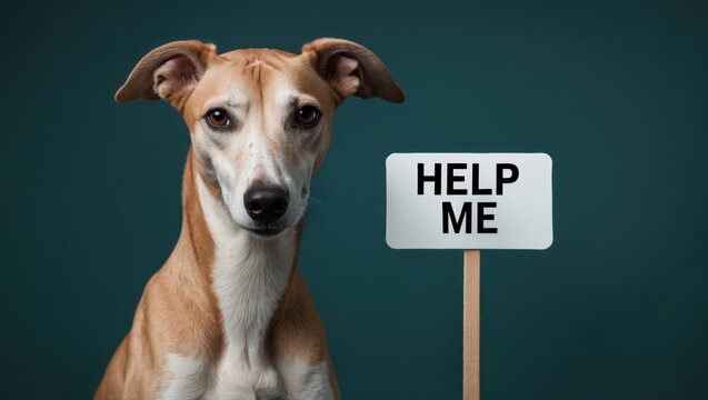 A concerned dog holding a sign that reads 'Help Me', set against a dark green background, emphasizing the dog's expressive eyes and posture